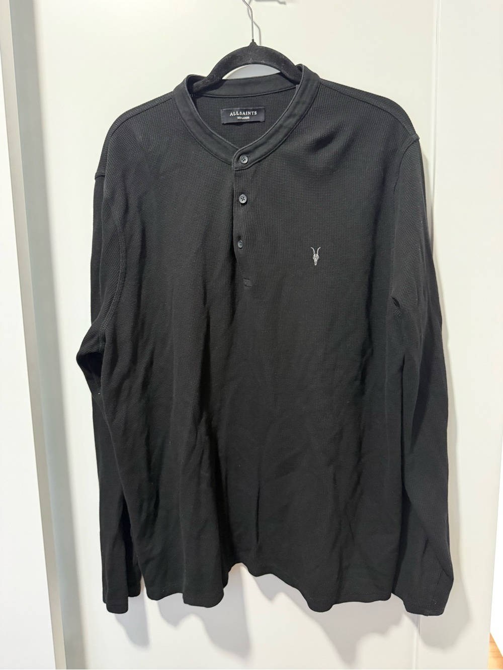 All Saints Black Long Sleeve Henley with Logo